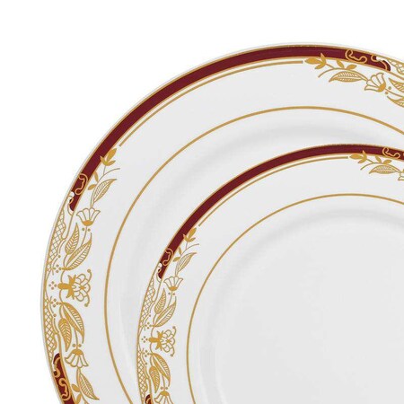 Smarty Had A Party White w/Burgundy and Gold Harmony Plastic Dinnerware Set (120 Dinner Plates+120 Salad Plates), 240PK 640BGVP-CASE